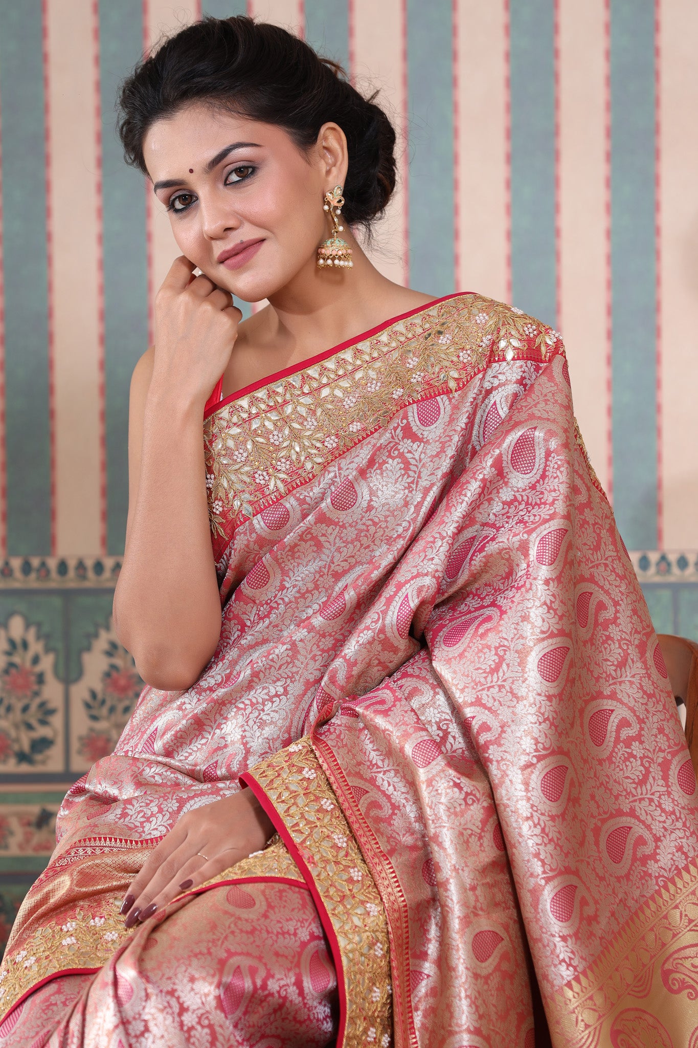 Shop beautiful pink Banarasi silk sari online in USA with gota work border. Make a fashion statement at weddings with stunning designer sarees, embroidered sarees with blouse, wedding sarees, handloom sarees from Pure Elegance Indian fashion store in USA.-Banarasi