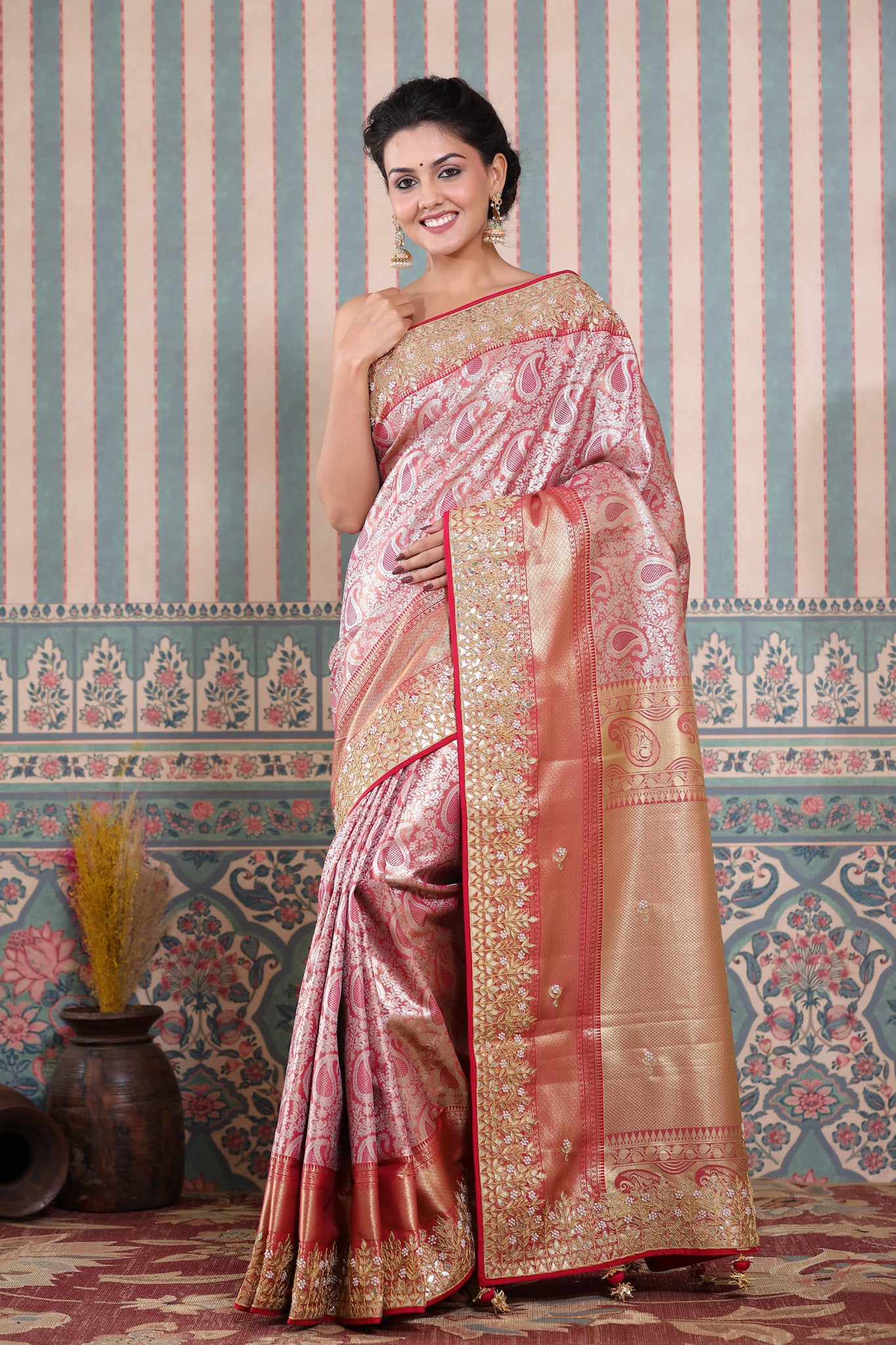 Shop beautiful pink Banarasi silk sari online in USA with gota work border. Make a fashion statement at weddings with stunning designer sarees, embroidered sarees with blouse, wedding sarees, handloom sarees from Pure Elegance Indian fashion store in USA.-front