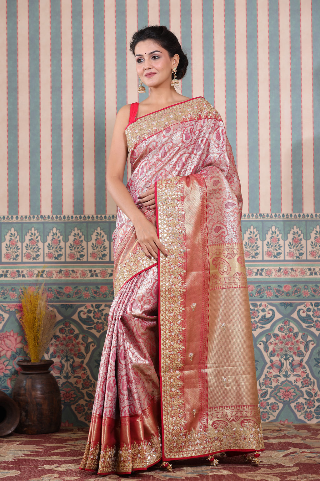 Shop beautiful pink Banarasi silk sari online in USA with gota work border. Make a fashion statement at weddings with stunning designer sarees, embroidered sarees with blouse, wedding sarees, handloom sarees from Pure Elegance Indian fashion store in USA.-full view