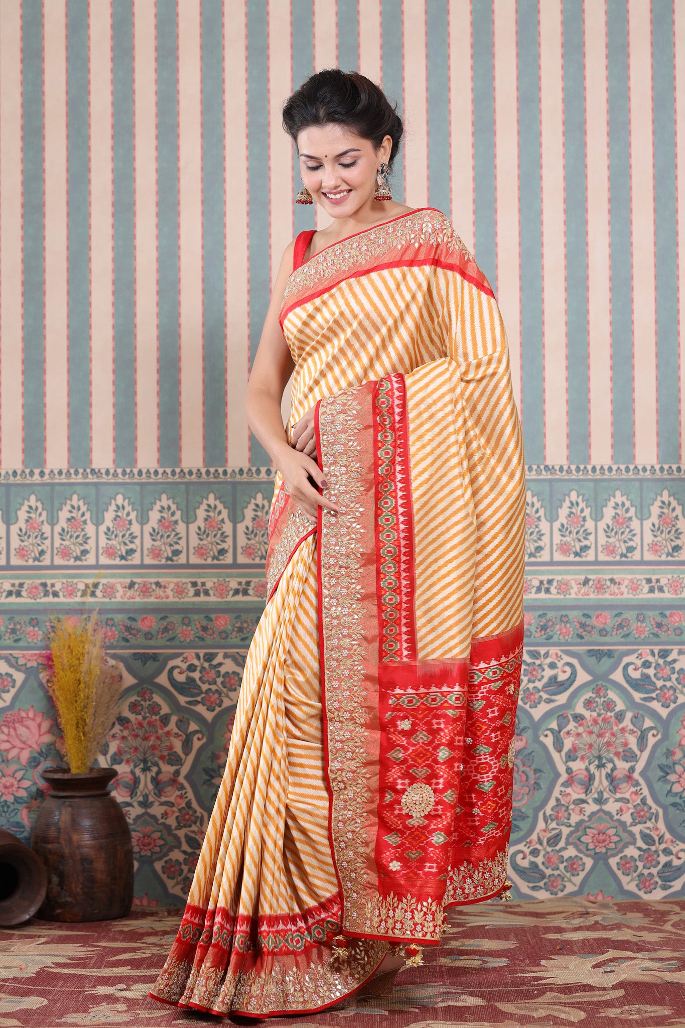 Buy mustard and cream Patola silk sari online in USA with embroidered border. Make a fashion statement at weddings with stunning designer sarees, embroidered sarees with blouse, wedding sarees, handloom sarees from Pure Elegance Indian fashion store in USA.-side