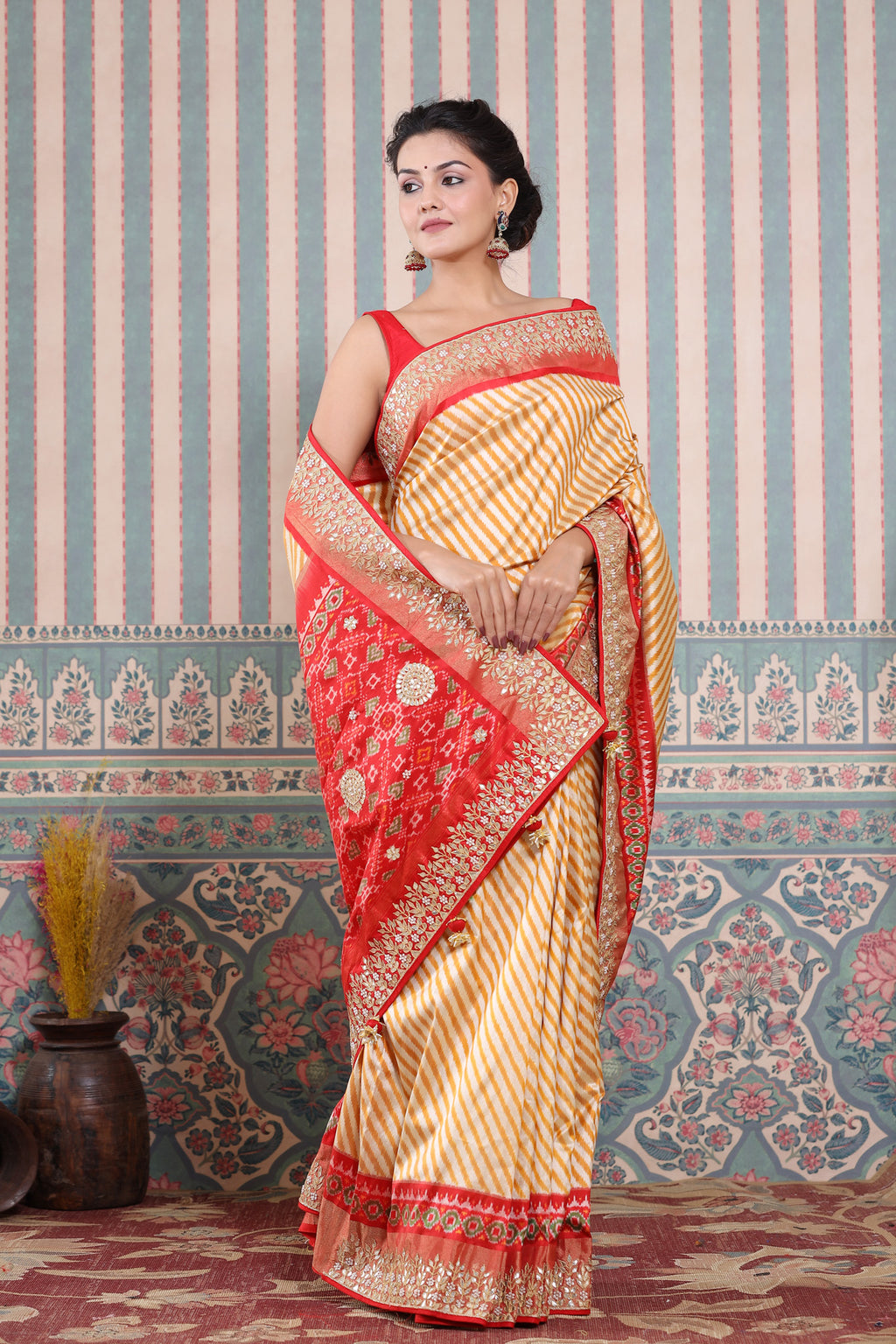 Buy mustard and cream Patola silk sari online in USA with embroidered border. Make a fashion statement at weddings with stunning designer sarees, embroidered sarees with blouse, wedding sarees, handloom sarees from Pure Elegance Indian fashion store in USA.-full view
