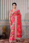 Buy pink Patola silk sari online in USA with embroidered scalloped border. Make a fashion statement at weddings with stunning designer sarees, embroidered sarees with blouse, wedding sarees, handloom sarees from Pure Elegance Indian fashion store in USA.-full view