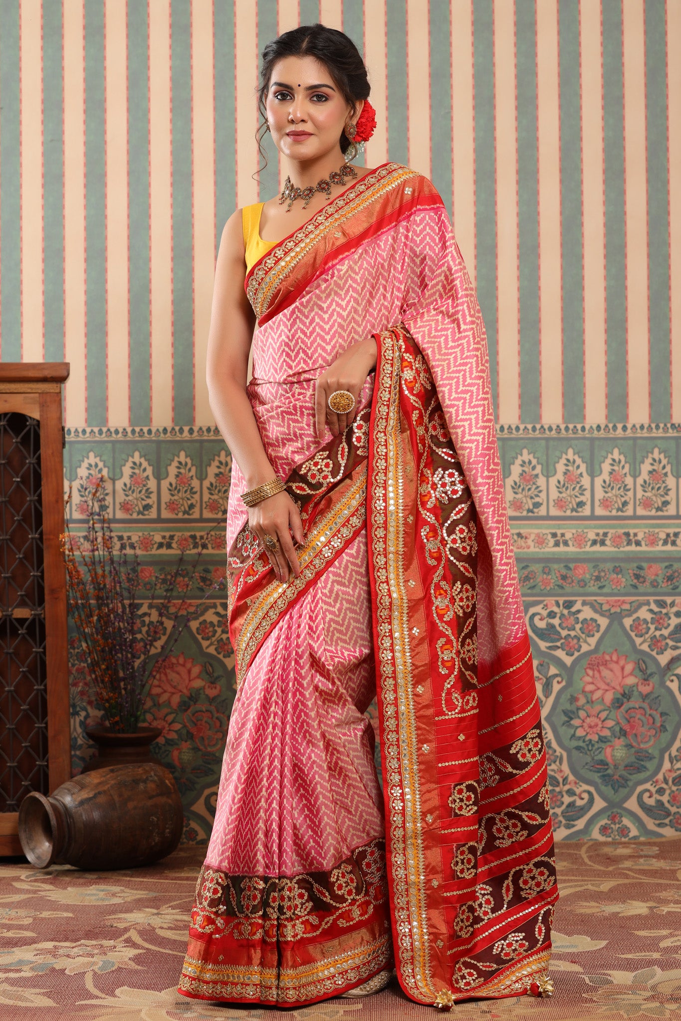 Shop pink Patola silk sari online in USA with embroidered border. Make a fashion statement at weddings with stunning designer sarees, embroidered sarees with blouse, wedding sarees, handloom sarees from Pure Elegance Indian fashion store in USA.-front