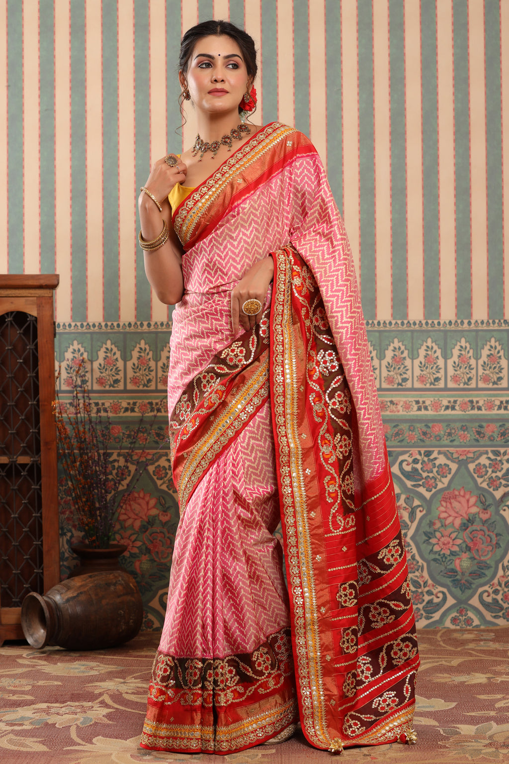 Shop pink Patola silk sari online in USA with embroidered border. Make a fashion statement at weddings with stunning designer sarees, embroidered sarees with blouse, wedding sarees, handloom sarees from Pure Elegance Indian fashion store in USA.-full view