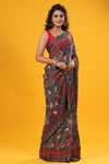 Shop dark grey printed embroidered georgette sari online in USA. Make a fashion statement at weddings with stunning designer sarees, embroidered sarees with blouse, wedding sarees, handloom sarees from Pure Elegance Indian fashion store in USA.-full view