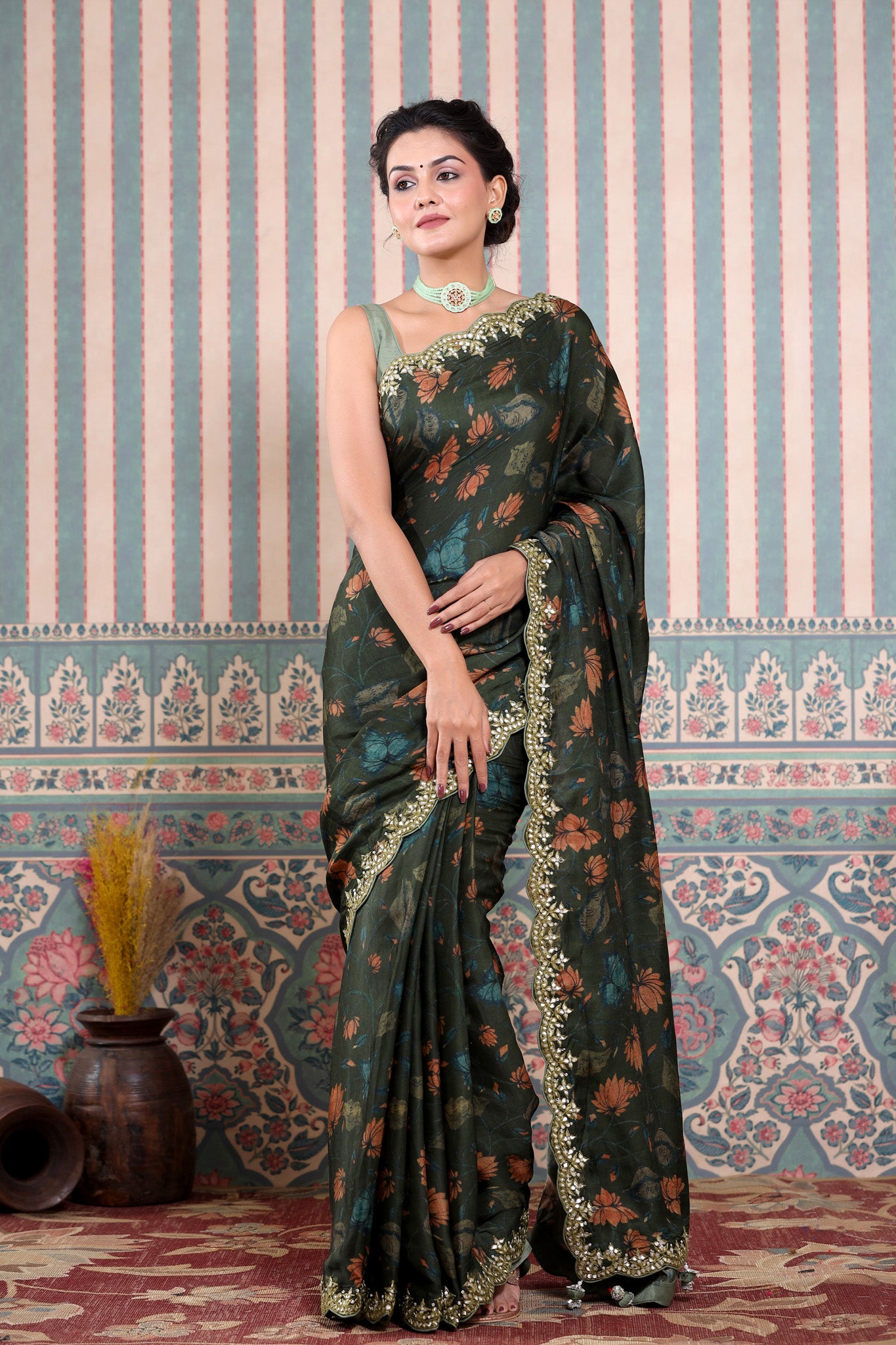Shop dark grey printed Mulbery silk sari online in USA with scalloped border. Make a fashion statement at weddings with stunning designer sarees, embroidered sarees with blouse, wedding sarees, handloom sarees from Pure Elegance Indian fashion store in USA.-front