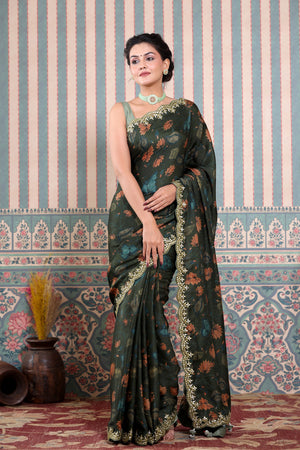 Shop dark grey printed Mulbery silk sari online in USA with scalloped border. Make a fashion statement at weddings with stunning designer sarees, embroidered sarees with blouse, wedding sarees, handloom sarees from Pure Elegance Indian fashion store in USA.-front