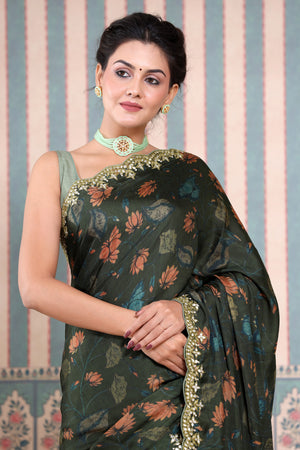 Shop dark grey printed Mulbery silk sari online in USA with scalloped border. Make a fashion statement at weddings with stunning designer sarees, embroidered sarees with blouse, wedding sarees, handloom sarees from Pure Elegance Indian fashion store in USA.-saree
