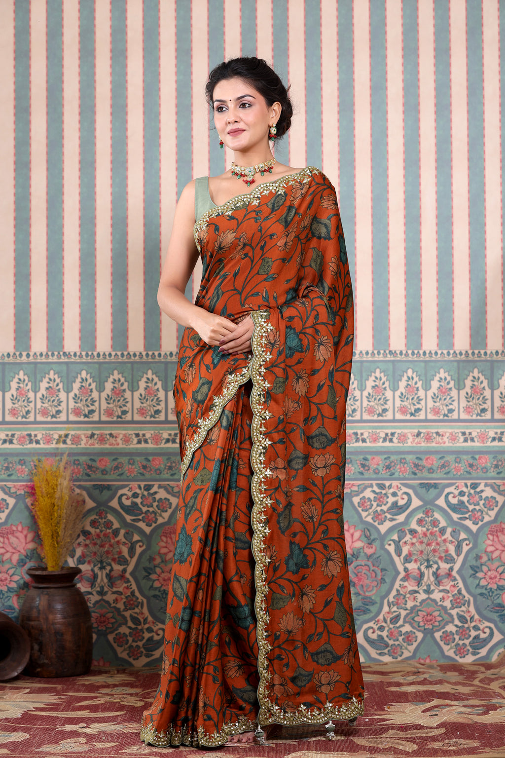 Shop brick red printed Mulbery silk sari online in USA with scalloped border. Make a fashion statement at weddings with stunning designer sarees, embroidered sarees with blouse, wedding sarees, handloom sarees from Pure Elegance Indian fashion store in USA.-full view