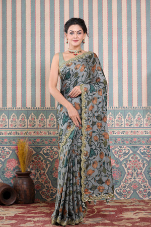 Buy grey printed Mulbery silk sari online in USA with scalloped border. Make a fashion statement at weddings with stunning designer sarees, embroidered sarees with blouse, wedding sarees, handloom sarees from Pure Elegance Indian fashion store in USA.-saree