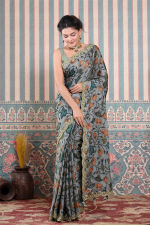 Buy grey printed Mulbery silk sari online in USA with scalloped border. Make a fashion statement at weddings with stunning designer sarees, embroidered sarees with blouse, wedding sarees, handloom sarees from Pure Elegance Indian fashion store in USA.-saree