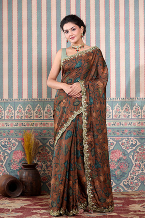 Buy brown printed Mulbery silk sari online in USA with scalloped border. Make a fashion statement at weddings with stunning designer sarees, embroidered sarees with blouse, wedding sarees, handloom sarees from Pure Elegance Indian fashion store in USA.-saree