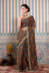 Buy brown printed Mulbery silk sari online in USA with scalloped border. Make a fashion statement at weddings with stunning designer sarees, embroidered sarees with blouse, wedding sarees, handloom sarees from Pure Elegance Indian fashion store in USA.-full view