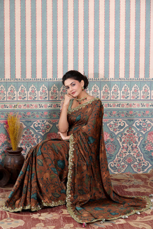 Buy brown printed Mulbery silk sari online in USA with scalloped border. Make a fashion statement at weddings with stunning designer sarees, embroidered sarees with blouse, wedding sarees, handloom sarees from Pure Elegance Indian fashion store in USA.-mulbery
