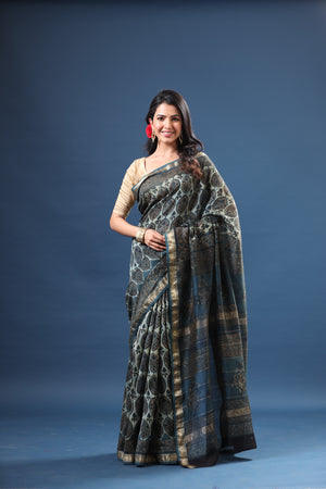 Buy blue printed tussar silk silk sari online in USA with zari border. Make a fashion statement at weddings with stunning designer sarees, embroidered sarees with blouse, wedding sarees, handloom sarees from Pure Elegance Indian fashion store in USA.-saree