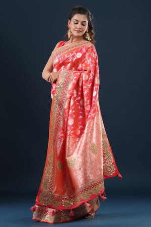 Buy peachish pink Banarasi silk sari online in USA with embroidered border. Make a fashion statement at weddings with stunning designer sarees, embroidered sarees with blouse, wedding sarees, handloom sarees from Pure Elegance Indian fashion store in USA.-side