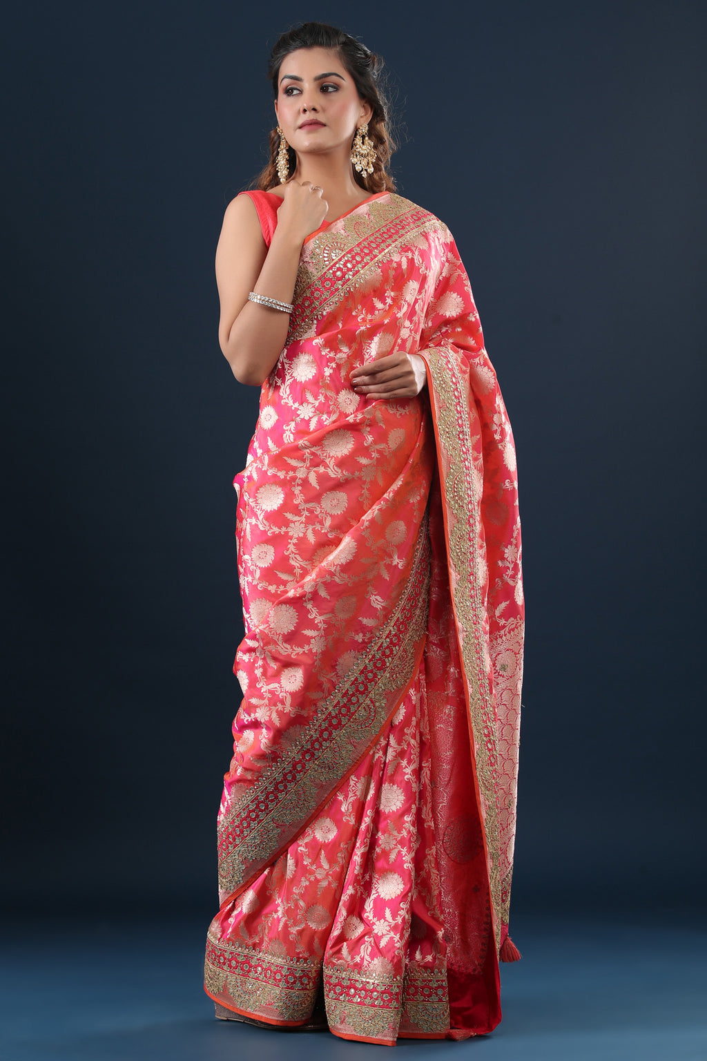 Buy peachish pink Banarasi silk sari online in USA with embroidered border. Make a fashion statement at weddings with stunning designer sarees, embroidered sarees with blouse, wedding sarees, handloom sarees from Pure Elegance Indian fashion store in USA.-full view