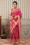 Shop pink Patola silk sari online in USA with embroidered border. Make a fashion statement at weddings with stunning designer sarees, embroidered sarees with blouse, wedding sarees, handloom sarees from Pure Elegance Indian fashion store in USA.-full view