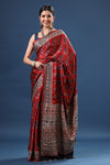 Shop stunning red Ajrakh print modal silk sari online in USA. Make a fashion statement at weddings with stunning designer sarees, embroidered sarees with blouse, wedding sarees, handloom sarees from Pure Elegance Indian fashion store in USA.-full view