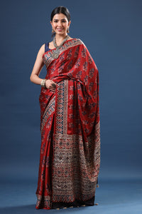 Shop Stunning Red Ajrakh Print Modal Silk Saree Online in USA – Pure  Elegance
