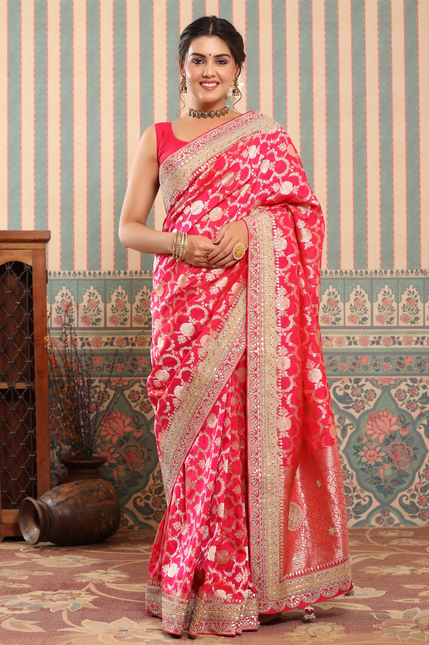 Buy pink Banarasi silk sari online in USA with embroidered border. Make a fashion statement at weddings with stunning designer sarees, embroidered sarees with blouse, wedding sarees, handloom sarees from Pure Elegance Indian fashion store in USA.-front