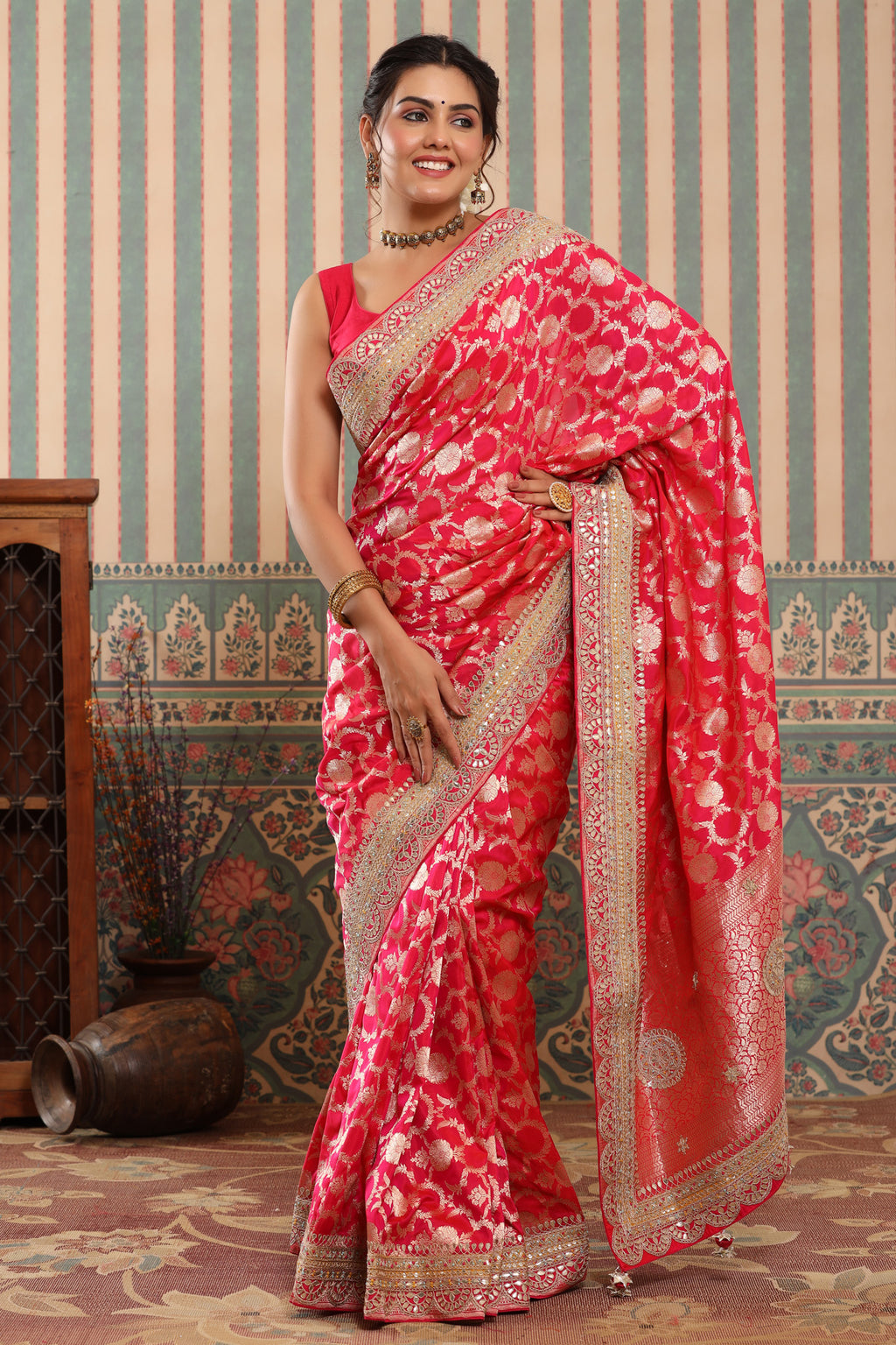 Buy pink Banarasi silk sari online in USA with embroidered border. Make a fashion statement at weddings with stunning designer sarees, embroidered sarees with blouse, wedding sarees, handloom sarees from Pure Elegance Indian fashion store in USA.-full view