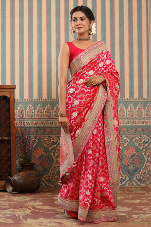 Buy pink Banarasi silk sari online in USA with embroidered border. Make a fashion statement at weddings with stunning designer sarees, embroidered sarees with blouse, wedding sarees, handloom sarees from Pure Elegance Indian fashion store in USA.-side