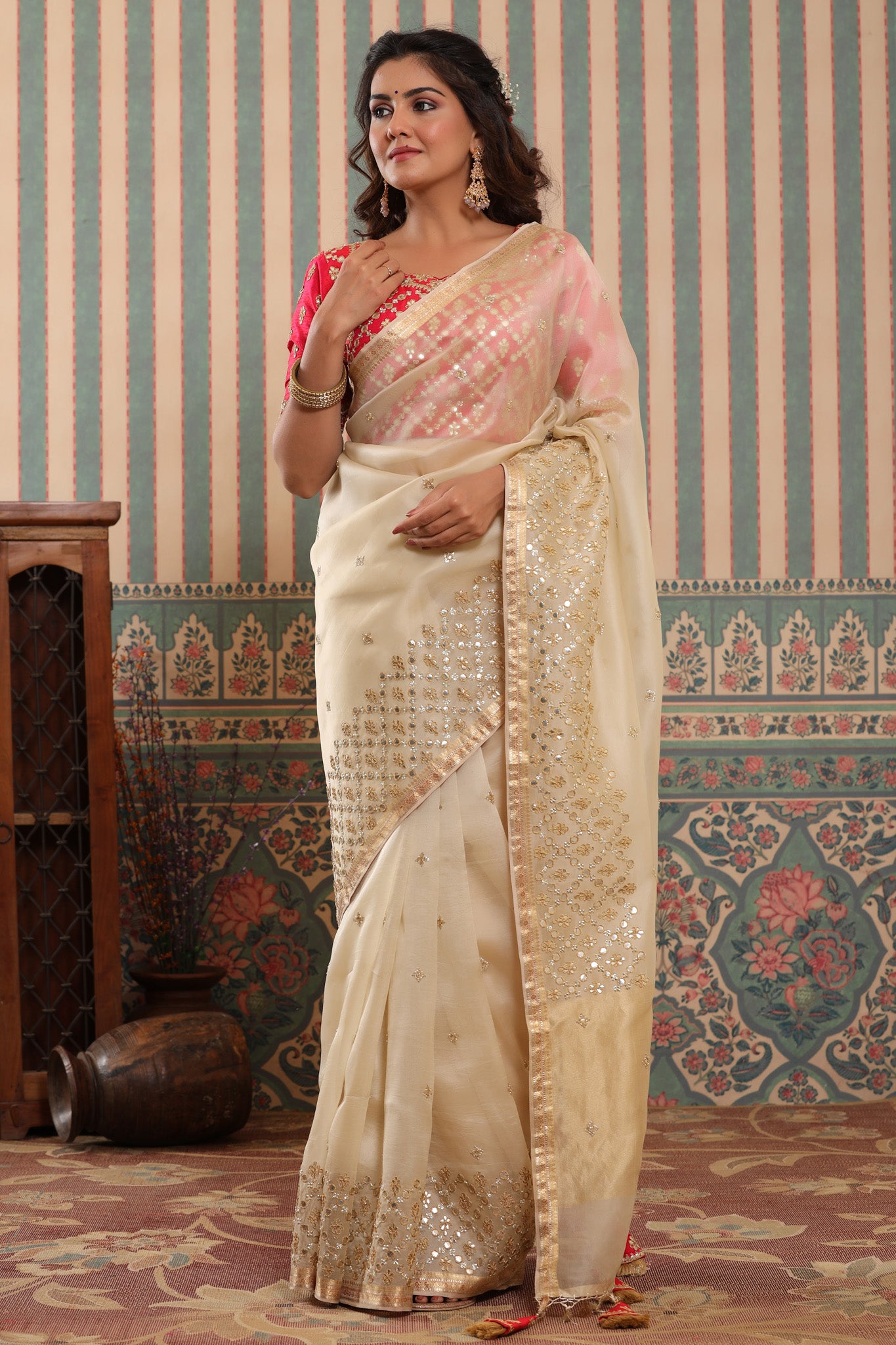 Shop cream organza silk sari online in USA with gota work border. Make a fashion statement at weddings with stunning designer sarees, embroidered sarees with blouse, wedding sarees, handloom sarees from Pure Elegance Indian fashion store in USA.-front