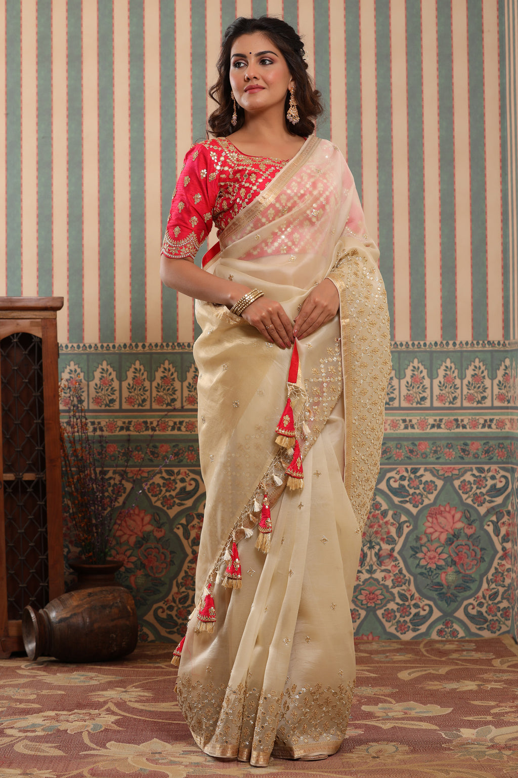 Shop cream organza silk sari online in USA with gota work border. Make a fashion statement at weddings with stunning designer sarees, embroidered sarees with blouse, wedding sarees, handloom sarees from Pure Elegance Indian fashion store in USA.-full view