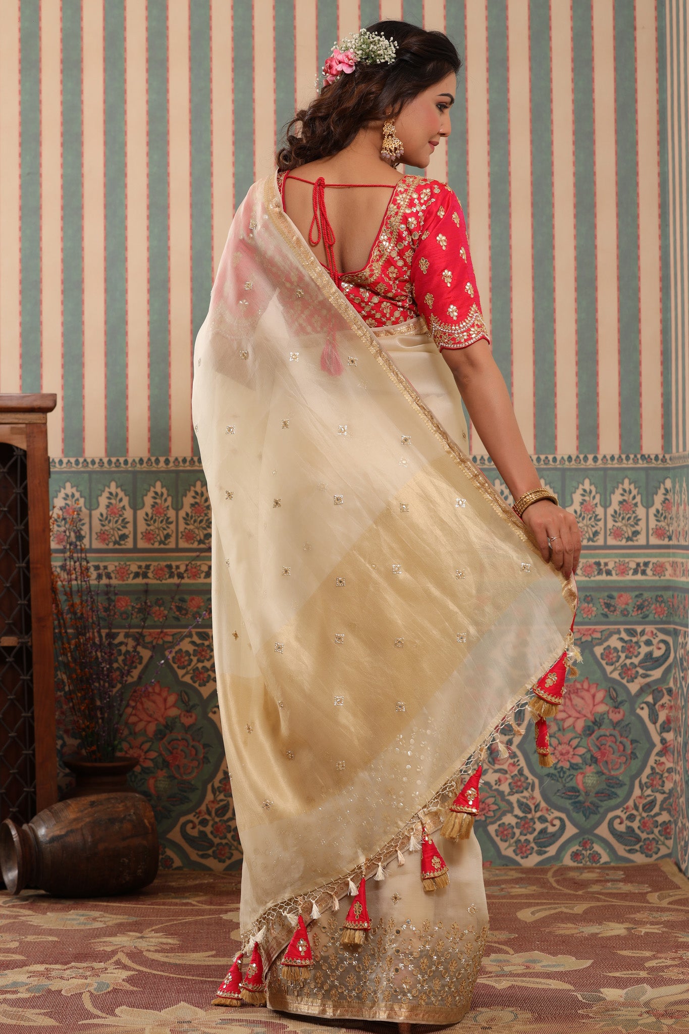 Shop cream organza silk sari online in USA with gota work border. Make a fashion statement at weddings with stunning designer sarees, embroidered sarees with blouse, wedding sarees, handloom sarees from Pure Elegance Indian fashion store in USA.-back
