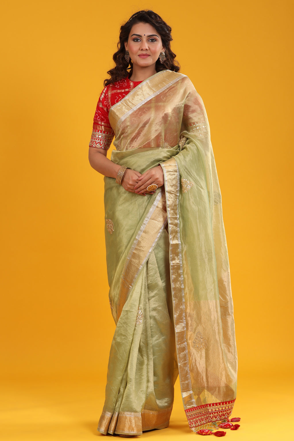 Shop pista green embroidered organza Banarasi sari online in USA with zari border. Make a fashion statement at weddings with stunning designer sarees, embroidered sarees with blouse, wedding sarees, handloom sarees from Pure Elegance Indian fashion store in USA.-full view