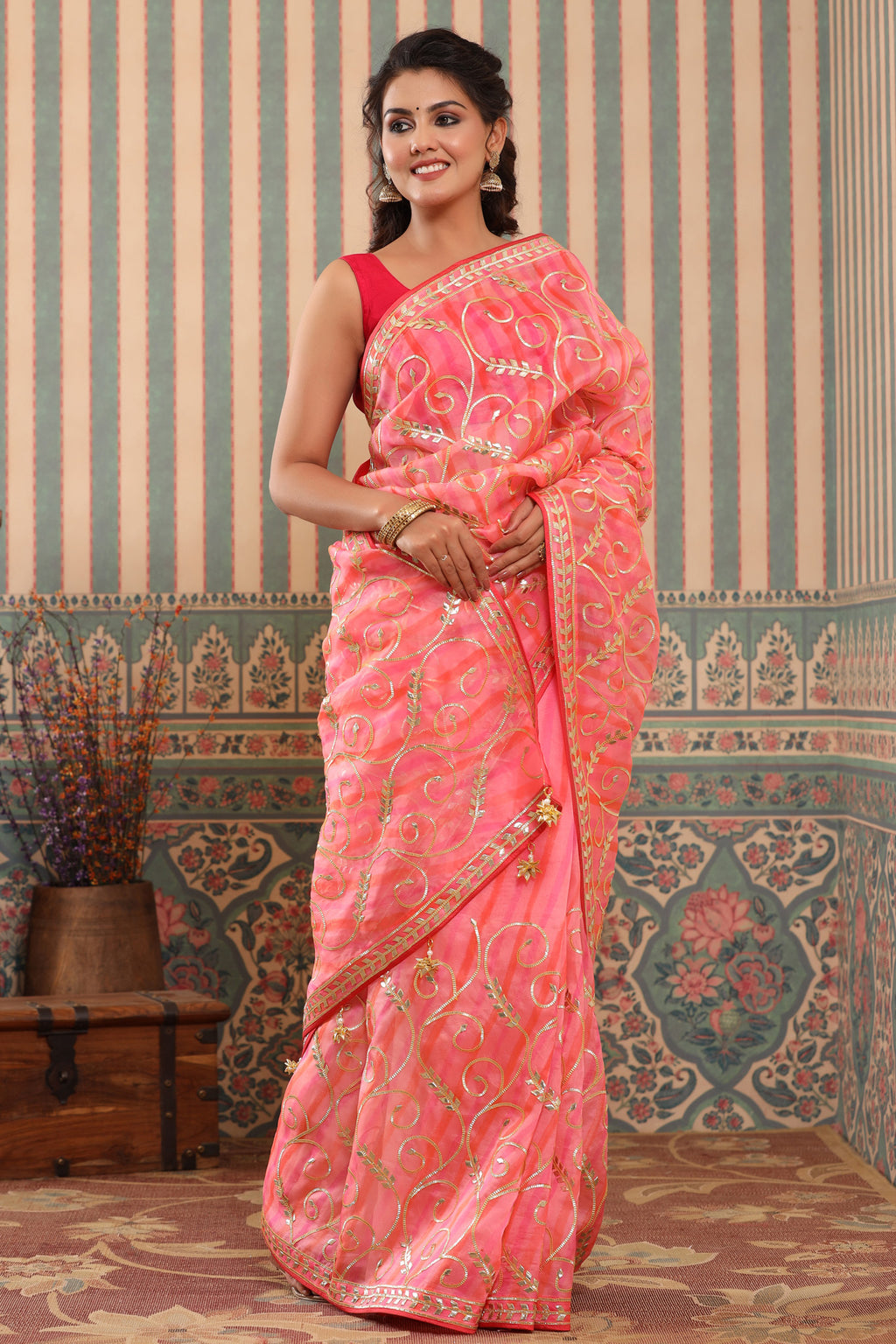 Buy pink and orange organza sari online in USA with gota work. Make a fashion statement at weddings with stunning designer sarees, embroidered sarees with blouse, wedding sarees, handloom sarees from Pure Elegance Indian fashion store in USA.-full view