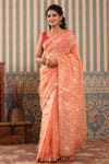 Shop pink and peach organza sari online in USA with gota work. Make a fashion statement at weddings with stunning designer sarees, embroidered sarees with blouse, wedding sarees, handloom sarees from Pure Elegance Indian fashion store in USA.-full view