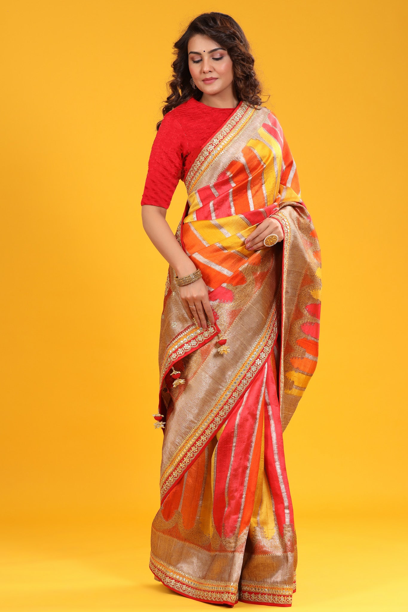 Buy beautiful multicolor Banarasi silk sari online in USA with embroidered zari border. Make a fashion statement at weddings with stunning designer sarees, embroidered sarees with blouse, wedding sarees, handloom sarees from Pure Elegance Indian fashion store in USA.-side