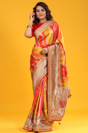 Buy beautiful multicolor Banarasi silk sari online in USA with embroidered zari border. Make a fashion statement at weddings with stunning designer sarees, embroidered sarees with blouse, wedding sarees, handloom sarees from Pure Elegance Indian fashion store in USA.-front