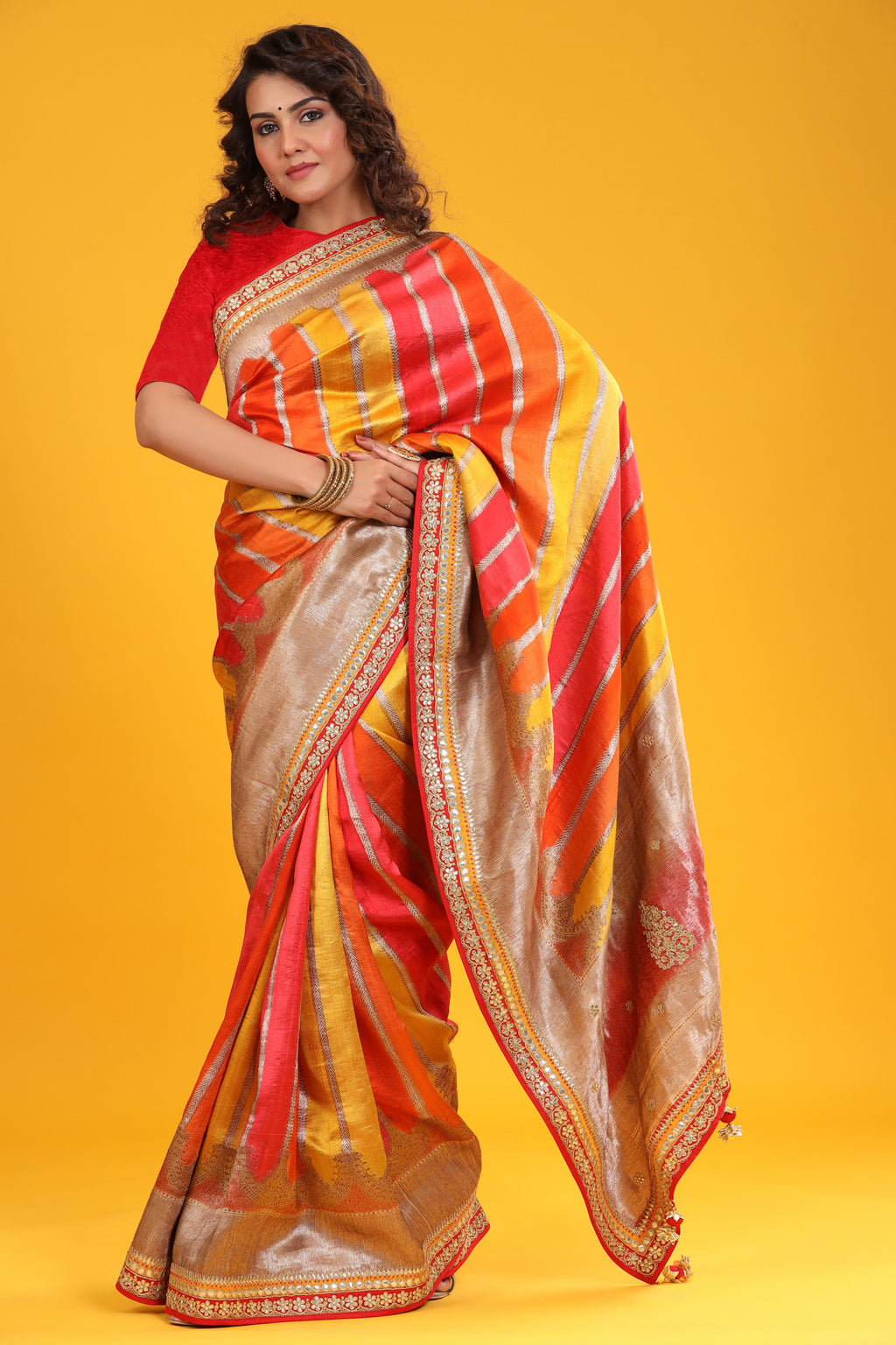 Buy beautiful multicolor Banarasi silk sari online in USA with embroidered zari border. Make a fashion statement at weddings with stunning designer sarees, embroidered sarees with blouse, wedding sarees, handloom sarees from Pure Elegance Indian fashion store in USA.-full view