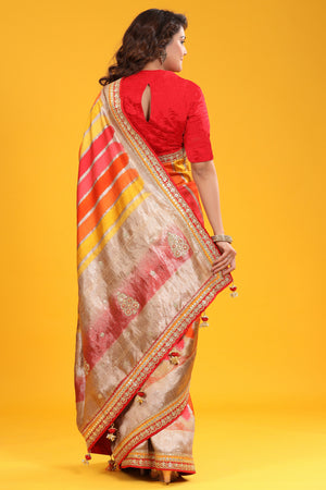 Buy beautiful multicolor Banarasi silk sari online in USA with embroidered zari border. Make a fashion statement at weddings with stunning designer sarees, embroidered sarees with blouse, wedding sarees, handloom sarees from Pure Elegance Indian fashion store in USA.-back