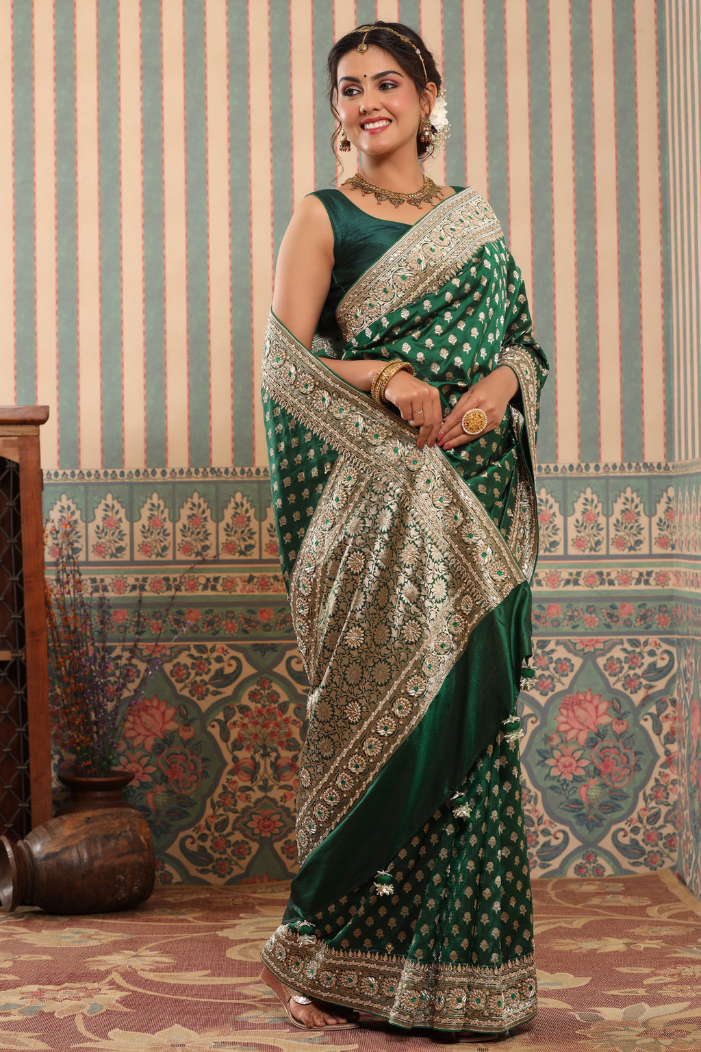 Buy multicolor striped tussar silk sari online in USA with zari border. Make a fashion statement at weddings with stunning designer sarees, embroidered sarees with blouse, wedding sarees, handloom sarees from Pure Elegance Indian fashion store in USA.-full view