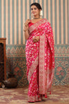 Shop beautiful pink heavy zari work Banarasi sari online in USA. Make a fashion statement at weddings with stunning designer sarees, embroidered sarees with blouse, wedding sarees, handloom sarees from Pure Elegance Indian fashion store in USA.-full view