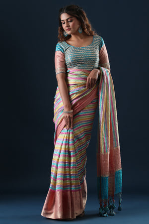 Shop pastel multicolor stripes linen sari online in USA with zari border. Make a fashion statement at weddings with stunning designer sarees, embroidered sarees with blouse, wedding sarees, handloom sarees from Pure Elegance Indian fashion store in USA.-blouse