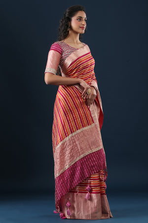 Buy multicolor striped tussar silk sari online in USA with zari border. Make a fashion statement at weddings with stunning designer sarees, embroidered sarees with blouse, wedding sarees, handloom sarees from Pure Elegance Indian fashion store in USA.-side