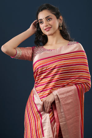 Buy multicolor striped tussar silk sari online in USA with zari border. Make a fashion statement at weddings with stunning designer sarees, embroidered sarees with blouse, wedding sarees, handloom sarees from Pure Elegance Indian fashion store in USA.-closeup