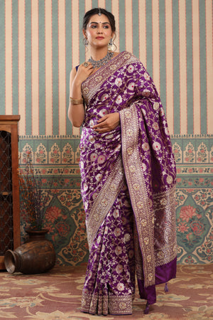 Buy purple heavy Banarasi sari online in USA with zari minakari work. Make a fashion statement at weddings with stunning designer sarees, embroidered sarees with blouse, wedding sarees, handloom sarees from Pure Elegance Indian fashion store in USA.-pallu
