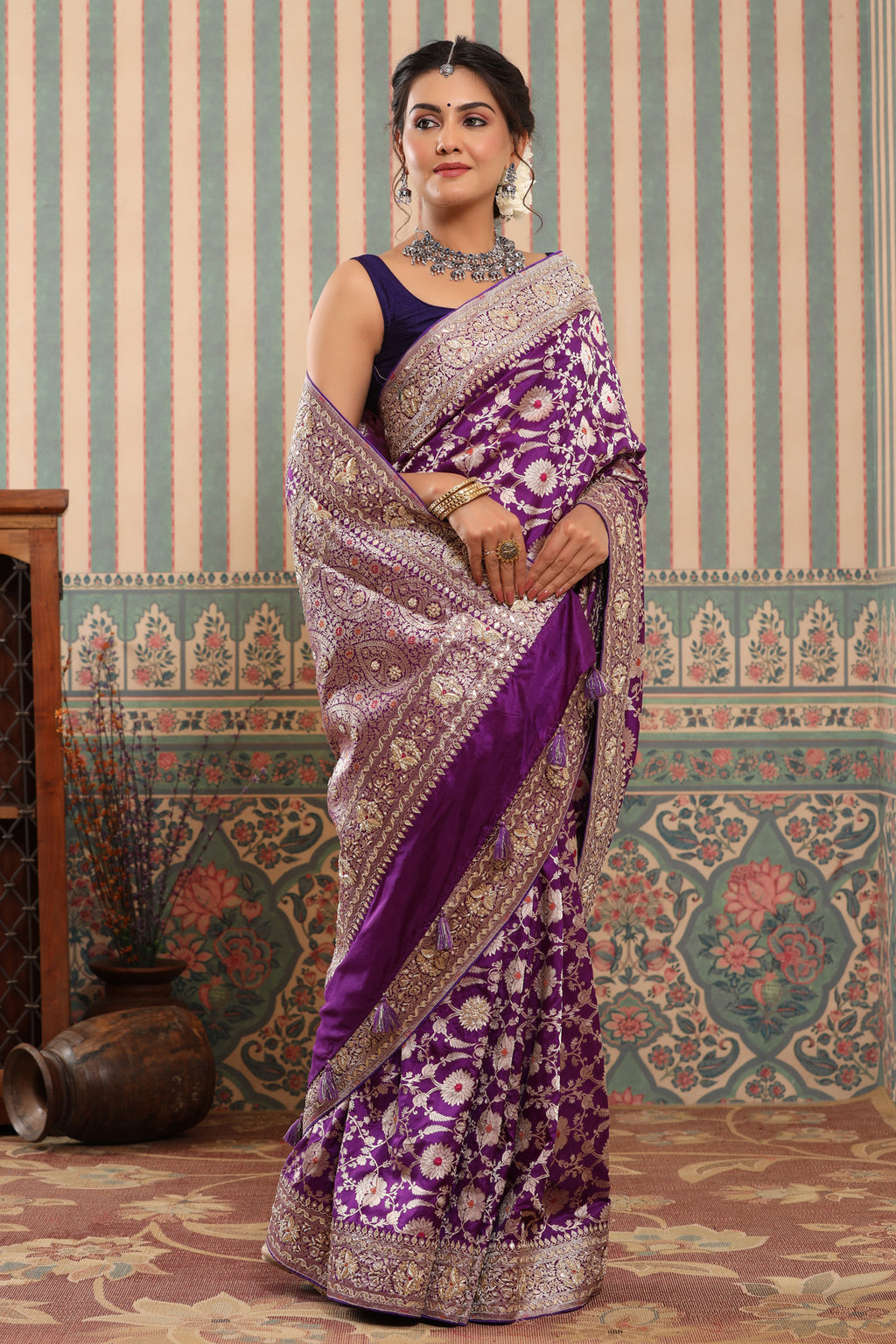 Buy purple heavy Banarasi sari online in USA with zari minakari work. Make a fashion statement at weddings with stunning designer sarees, embroidered sarees with blouse, wedding sarees, handloom sarees from Pure Elegance Indian fashion store in USA.-full view