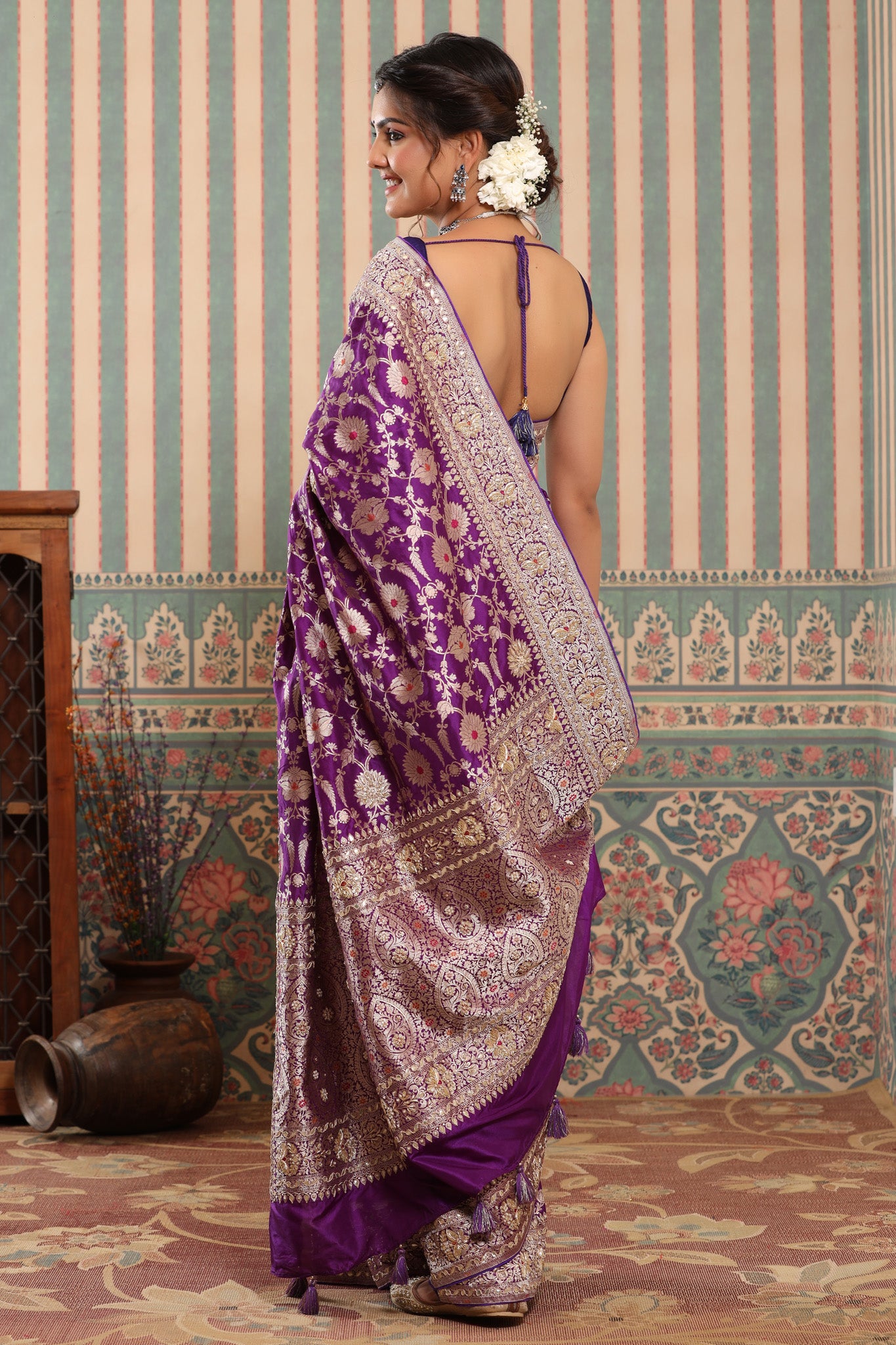 Buy purple heavy Banarasi sari online in USA with zari minakari work. Make a fashion statement at weddings with stunning designer sarees, embroidered sarees with blouse, wedding sarees, handloom sarees from Pure Elegance Indian fashion store in USA.-back