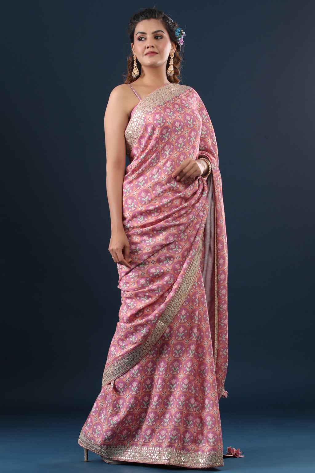 Shop pink printed mulberry silk sari online in USA with embroidered border. Make a fashion statement at weddings with stunning designer sarees, embroidered sarees with blouse, wedding sarees, handloom sarees from Pure Elegance Indian fashion store in USA.-full view