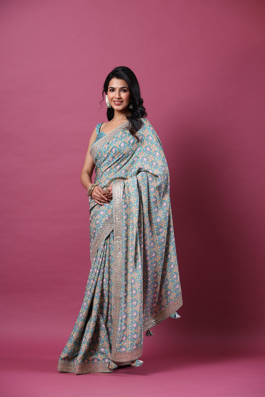 Shop beautiful sea green printed mulberry silk sari online in USA with embroidered border. Make a fashion statement at weddings with stunning designer sarees, embroidered sarees with blouse, wedding sarees, handloom sarees from Pure Elegance Indian fashion store in USA.-full view