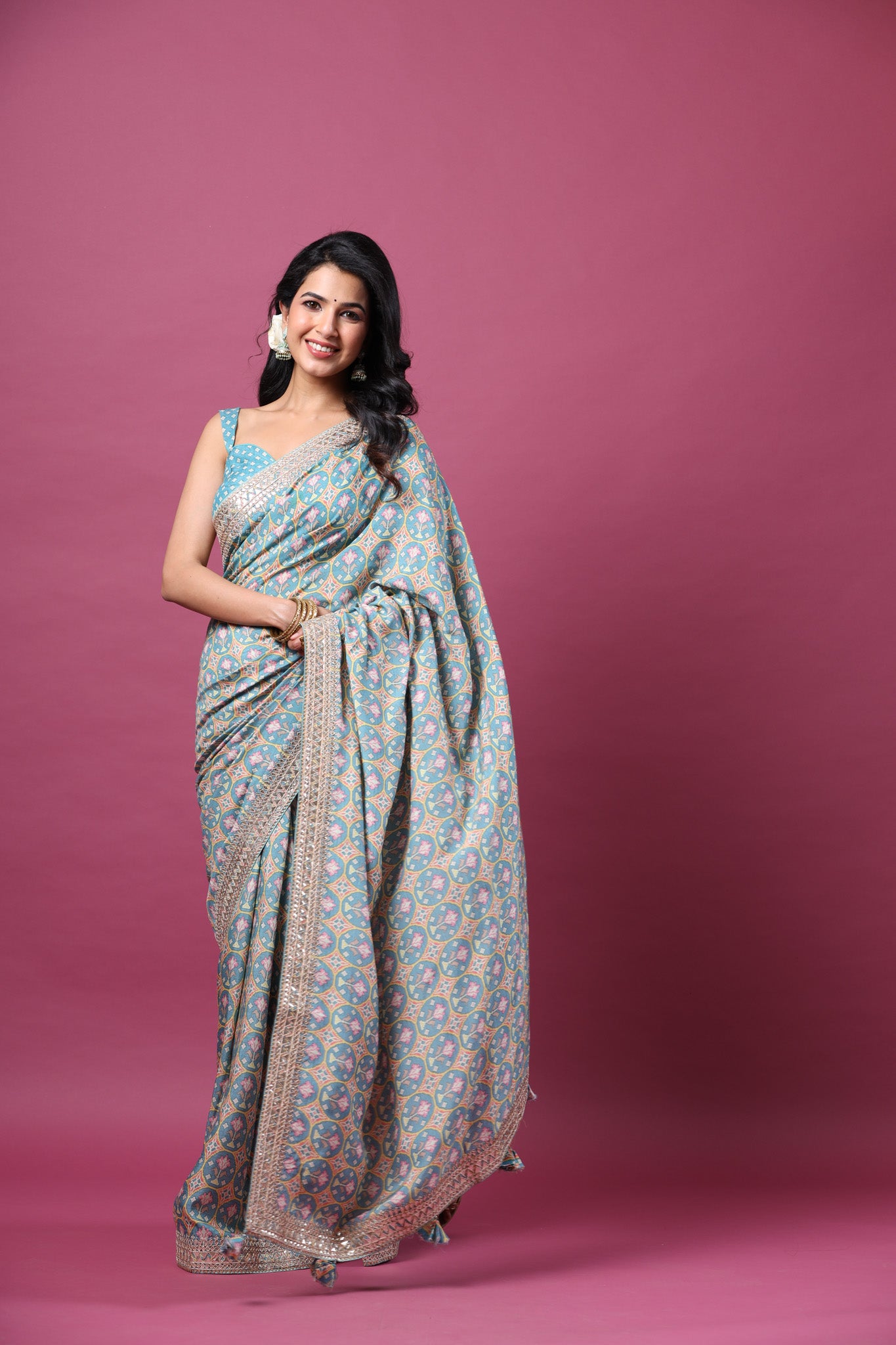 Shop beautiful sea green printed mulberry silk sari online in USA with embroidered border. Make a fashion statement at weddings with stunning designer sarees, embroidered sarees with blouse, wedding sarees, handloom sarees from Pure Elegance Indian fashion store in USA.-front