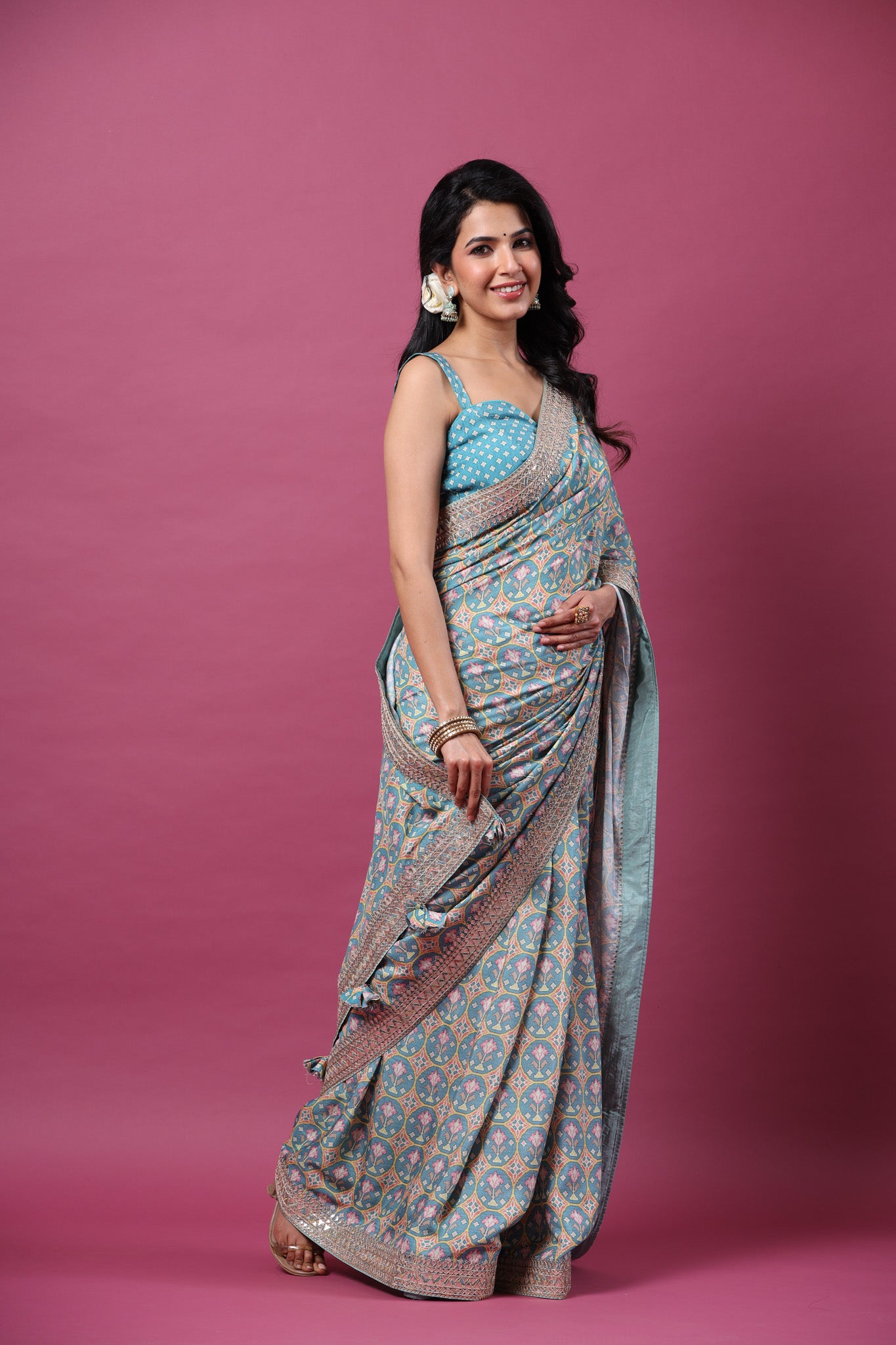 Shop beautiful sea green printed mulberry silk sari online in USA with embroidered border. Make a fashion statement at weddings with stunning designer sarees, embroidered sarees with blouse, wedding sarees, handloom sarees from Pure Elegance Indian fashion store in USA.-saree