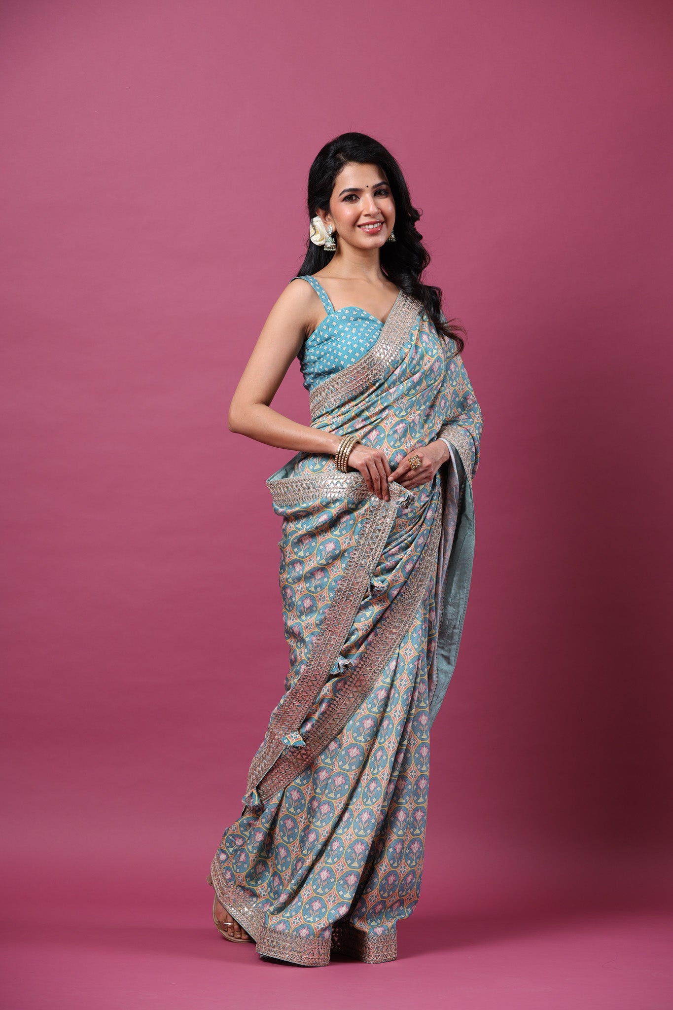 Shop beautiful sea green printed mulberry silk sari online in USA with embroidered border. Make a fashion statement at weddings with stunning designer sarees, embroidered sarees with blouse, wedding sarees, handloom sarees from Pure Elegance Indian fashion store in USA.-side